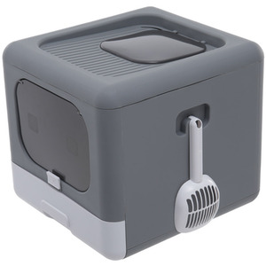 Grey PP Full Enclosed Cat Litter Box with Scoop - Grey by Livingandhome