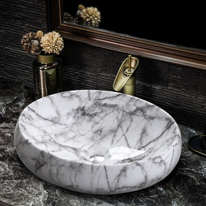 Oval Marble Bathroom Sink With Waste Drainer - Grey + White by Livingandhome