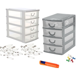 2 Mini Desktop Drawer Units 4 Tier Stationery Desk Storage Organiser 13.8cm - Silver & White by GEM
