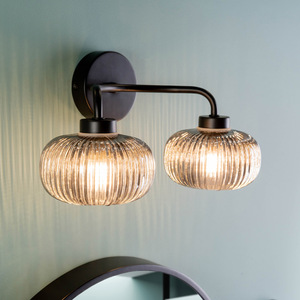 Pair of - Amaia 2 Way IP44 Wall Lights with Ribbed Glass Shades - Black by ValueLights