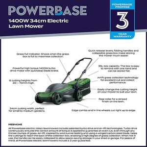 Powerbase Electric Mower and Rear Roller - Green / 34cm Cutting Width by Powerbase