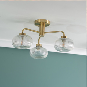 Amaia 3 Way IP44 Bathroom Ceiling Light Ribbed Glass Shades and Bulbs - Gold by ValueLights