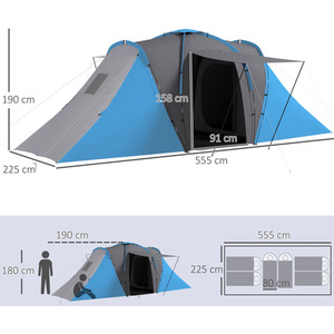 Outsunny 4-6 Man Tunnel Tent with 2 Bedroom and Living Area, Grey and Blue by Outsunny