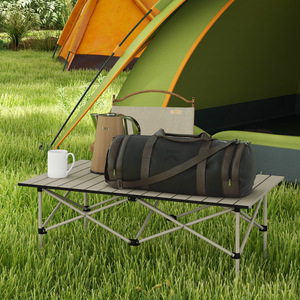 Outsunny Folding Camping Table w Roll Up Aluminium Top Carry Bag - Khaki by Outsunny