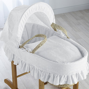 Broderie Anglaise White Moses Basket with Natural Little Gem Rocking Stand - White by Kinder Valley