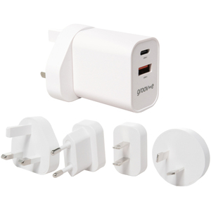 USB-C USB-A Mains Charger 20W with Worldwide Travel Adaptors - White by Groov-e