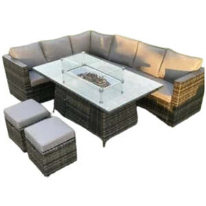 Glasgow 8 Seater Rattan Corner Set with Fire Pit - Dark Grey by Furnico Living LTD