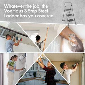 3 Step Steel Folding Step Ladder with Anti Slip Feet - Grey by VonHaus