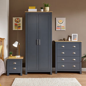 Lancaster 3 Piece Bedroom Set - Wardrobe, Chest of Drawers, Bedside - Slate Blue by GFW