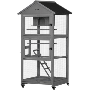 PawHut Bird Cage Wooden Outdoor Aviary with Wheels Perch Nest Tray - Grey by PawHut