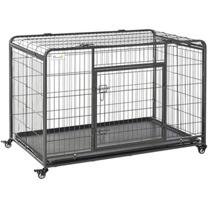 Pawhut Metal Dog Cage Kennel with Wheels Openable Top - Black / 125cm by Pawhut