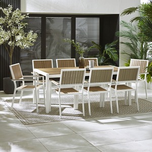 Dubai Outdoor 8 Seater Dining Set - Metal and Polywood, Modern Rustic Design - White by Furnitureboxuk
