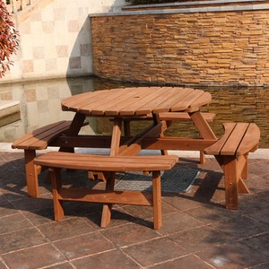 BIRCHTREE 8 Seater Wooden Picnic Table Round Pub Bench - Brown by BIRCHTREE