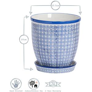 22cm Hand Printed Plant Pot with Saucer Navy - Navy by Nicola Spring