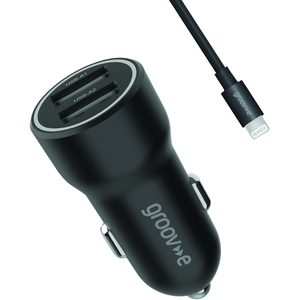 USB-A Car Charger 12W with Lightning Cable 1M - Black by Groov-e