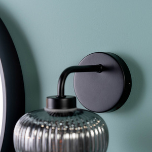 Amaia IP44 Bathroom Wall Light with Ribbed Glass Shade - Black by ValueLights