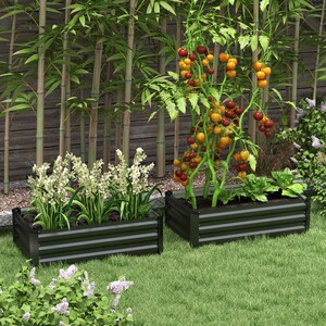 Outsunny Set of 2 Galvanised Garden Raised Bed for Flowers Herbs - Dark Grey by Outsunny