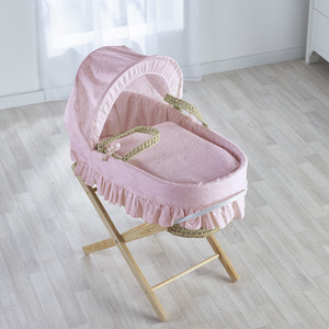 Broderie Anglaise Pink Moses Basket with Natural Opal Folding Stand by Kinder Valley
