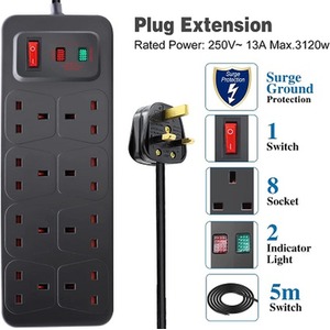 8 Gang Switched Surge-Protected Extension Lead - Black / 5m by ExtraStar