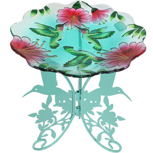 Glass Hummingbird Bird Bath - Blue