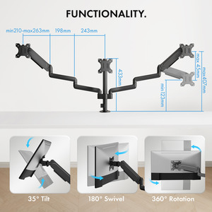 Height Adjustable Three Screen Mount with Clamp and Gas Spring Arms - Black by VonHaus