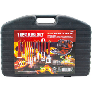 Wooden Stainless Steel BBQ Utensil Set in Hard Carry Case 18PC - Black by Prima
