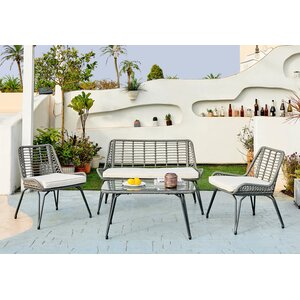 Outdoor Rattan Sofa - Lisbon Garden Sofa Chairs Table Set - Wicker and Cream - Grey by FurnitureboxUK