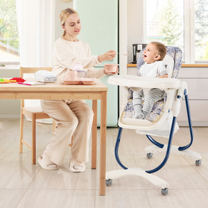 Folding Baby Highchair with Rolling Wheels - Blue by Costway