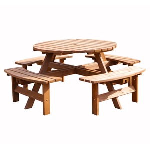 BIRCHTREE 8 Seater Wooden Picnic Table Round Pub Bench - Brown by BIRCHTREE