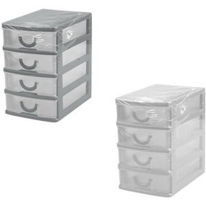 2 Mini Desktop Drawer Units 4 Tier Stationery Desk Storage Organiser 13.8cm - Silver & White by GEM