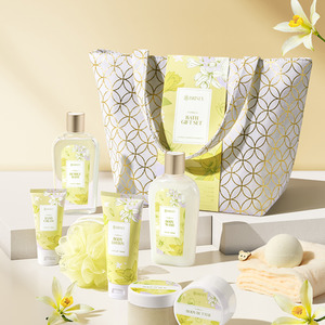 Gift Set Vanilla Scented Spa Bath Collection - 10 Pieces / Body Wash, Bubble Bath, Body Lotion, Body Scrub, Hand Cream, Bath Bomb, Body Butter, Hair Turban Towel, Shower Pouf, Storage Tote Bag by Livingandhome