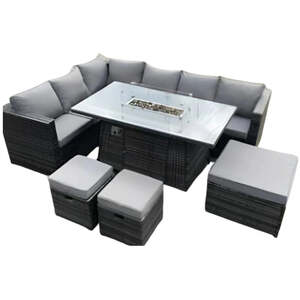 Cardiff 9 Seater Rattan Corner Sofa Set with Fire Pit - Dark Grey by Furnico Living LTD