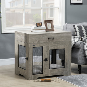 PawHut Dog Crate with Cushion, End Table with Drawer - Grey by PawHut