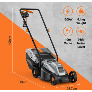 1200W Electric Corded Lawn Mower for all Types of Grass - Grey by VonHaus