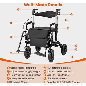 2-in-1 Foldable Rolling Walker Wheelchair Combo by Costway