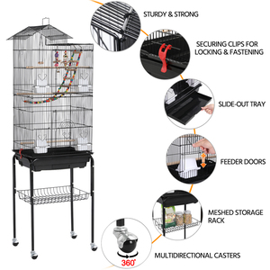 Rolling Metal Bird Cage with Detachable Stand - Black by Yaheetech