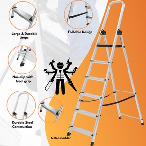Lightweight Step Ladders 6 Step, Compact Aluminium, Portable Tall Folding Ladder - Silver by NOVECRAFTO