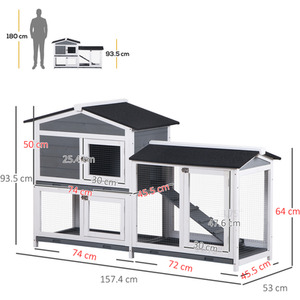 PawHut 2-Tier Pet Hutch Wooden Cage with Run Ramp - Grey by PawHut