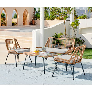 Outdoor Rattan Sofa - Lisbon Garden Sofa Chairs Table Set - Wicker and Cream - Beige by FurnitureboxUK