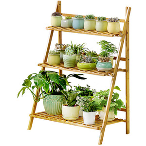 3 Tier Wooden Plant Stand Foldable Shelf - Light Brown by Livingandhome