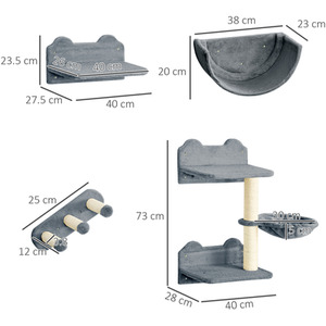 PawHut 4-Piece Wall-Mounted Pet Shelves, Scratching Post - Grey by PawHut