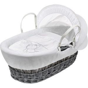 Teddy Wash Day Grey Wicker Moses Basket with Little Gem Rocking Stand - White by Kinder Valley