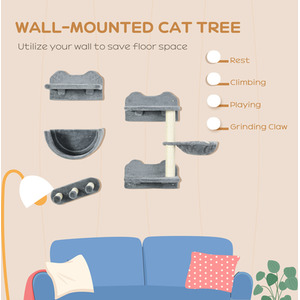 PawHut 4-Piece Wall-Mounted Pet Shelves, Scratching Post - Grey by PawHut