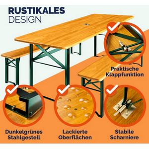 Beer Table Bench Set Foldable Wood - brown