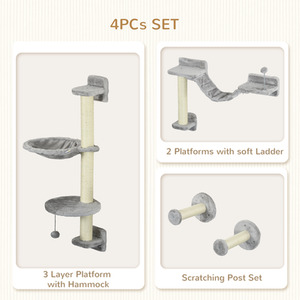 PawHut 4 Piece Wall Mounted Cat Shelves - Grey by PawHut