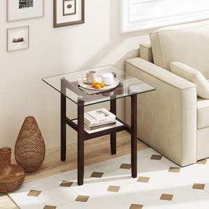61CM Square Glass Side Table - Brown by Costway