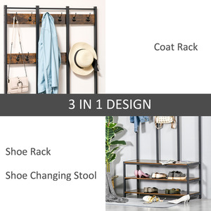 HOMCOM Industrial Coat Rack With Shoe Bench - Rustic Brown, Black by HOMCOM