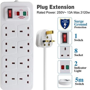 8 Gang Switched Surge-Protected Extension Lead - Black / 5m by ExtraStar