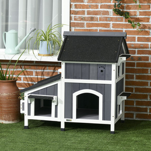 Wooden Outdoor Pet House with Flower Pot, Water-Resistant Roof - Grey by PawHut