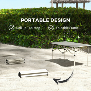 Outsunny Folding Camping Table w Roll Up Aluminium Top Carry Bag - Khaki by Outsunny